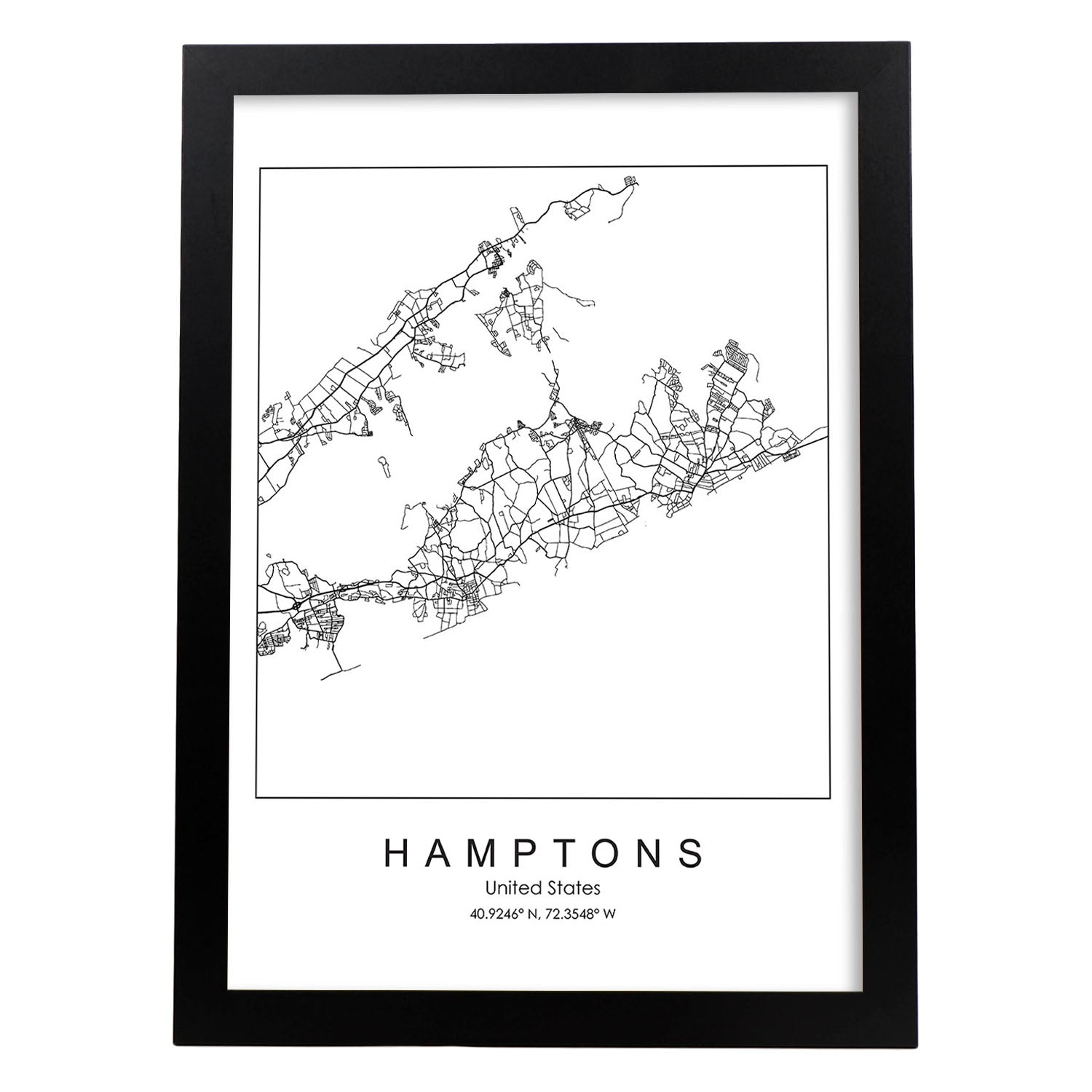 Poster con mapa de Hamptons. Lámina de Estados Unidos, con imágenes de mapas y carreteras-Artwork-Nacnic-A3-Marco Negro-Nacnic Estudio SL