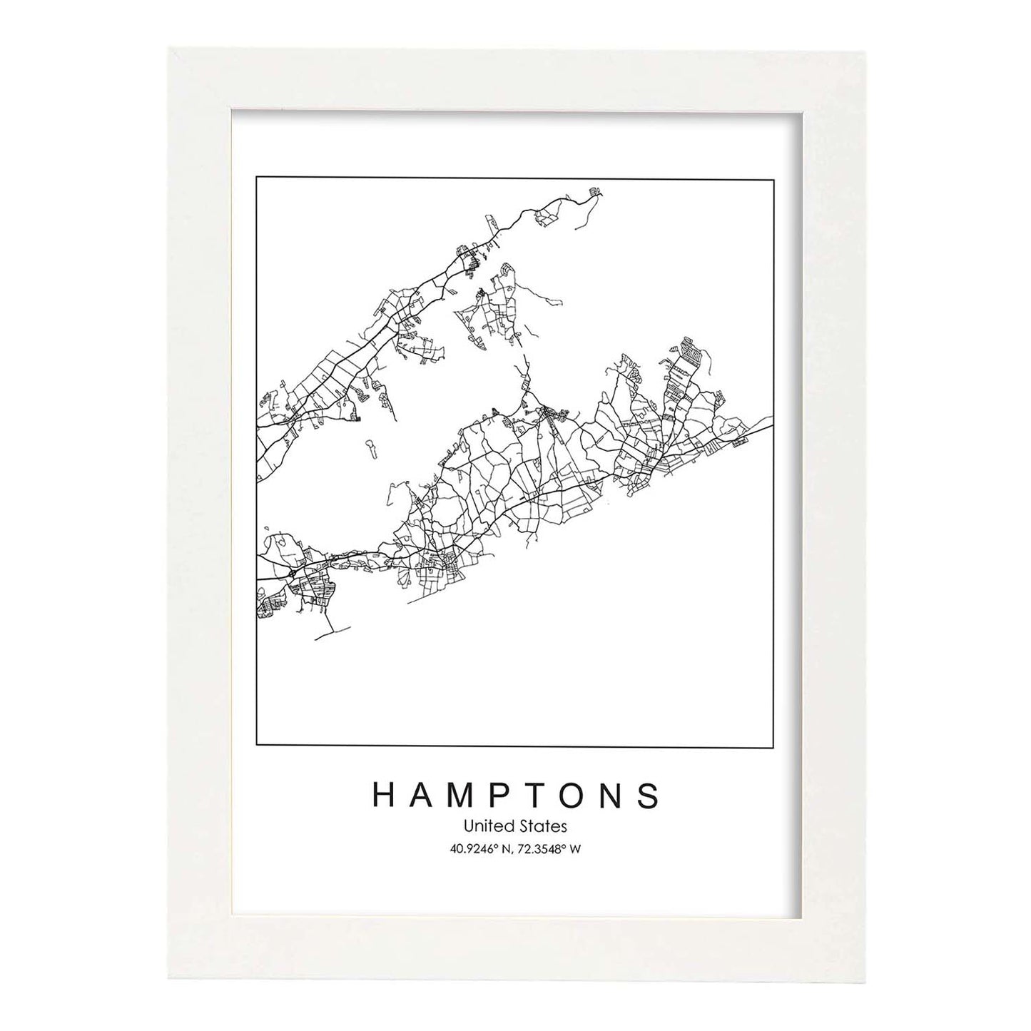Poster con mapa de Hamptons. Lámina de Estados Unidos, con imágenes de mapas y carreteras-Artwork-Nacnic-A4-Marco Blanco-Nacnic Estudio SL