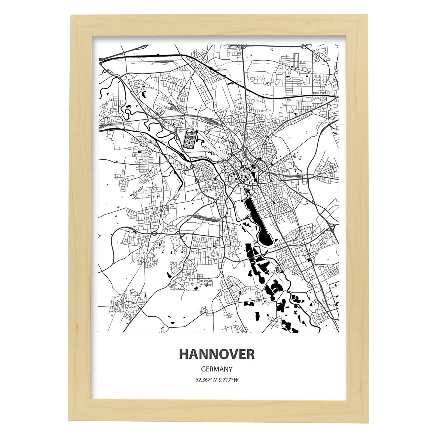 Poster con mapa de Hannover - Alemania. Láminas de ciudades de Alemania con mares y ríos en color negro.-Artwork-Nacnic-A3-Marco Madera clara-Nacnic Estudio SL
