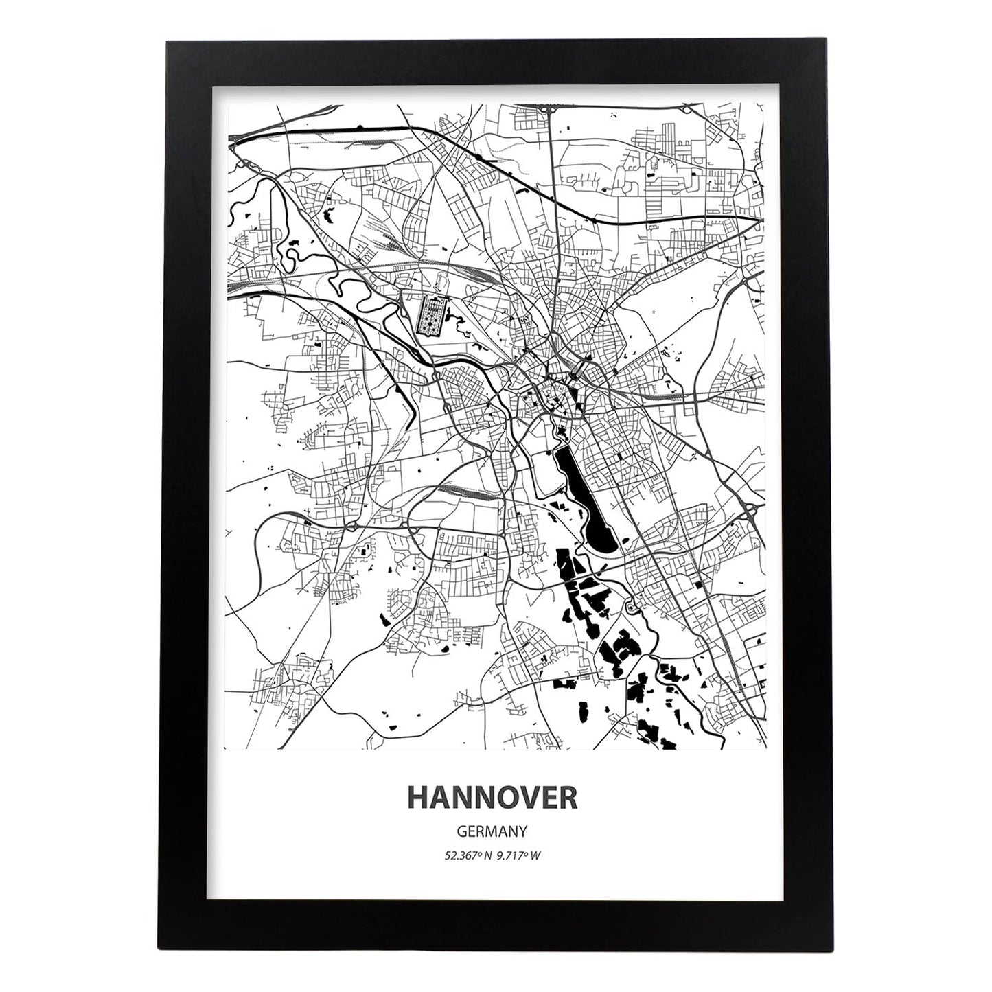 Poster con mapa de Hannover - Alemania. Láminas de ciudades de Alemania con mares y ríos en color negro.-Artwork-Nacnic-A3-Marco Negro-Nacnic Estudio SL
