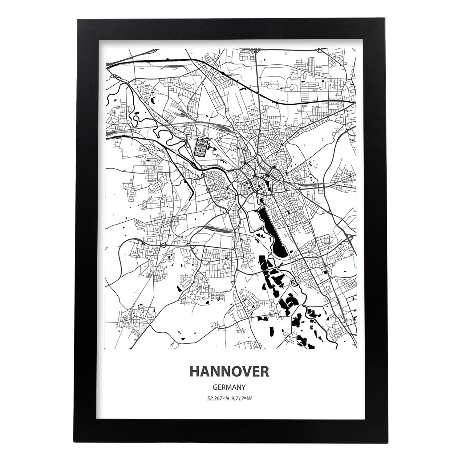 Poster con mapa de Hannover - Alemania. Láminas de ciudades de Alemania con mares y ríos en color negro.-Artwork-Nacnic-A3-Marco Negro-Nacnic Estudio SL