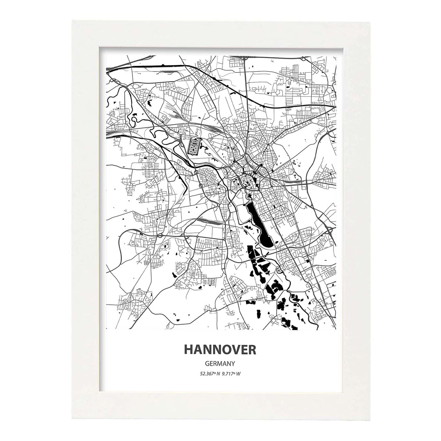 Poster con mapa de Hannover - Alemania. Láminas de ciudades de Alemania con mares y ríos en color negro.-Artwork-Nacnic-A4-Marco Blanco-Nacnic Estudio SL