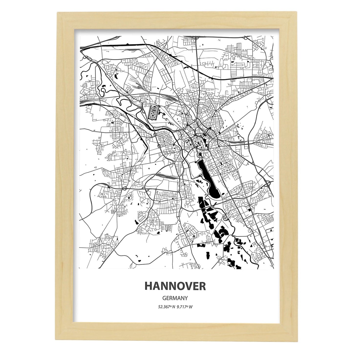 Poster con mapa de Hannover - Alemania. Láminas de ciudades de Alemania con mares y ríos en color negro.-Artwork-Nacnic-A4-Marco Madera clara-Nacnic Estudio SL