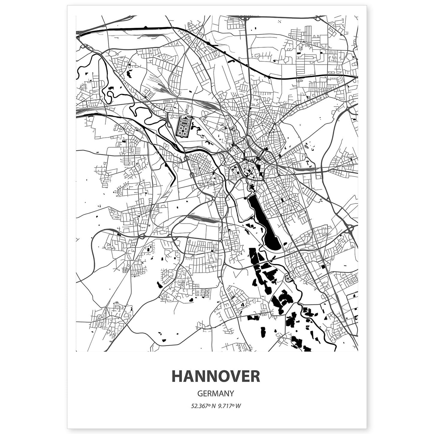 Poster con mapa de Hannover - Alemania. Láminas de ciudades de Alemania con mares y ríos en color negro.-Artwork-Nacnic-A4-Sin marco-Nacnic Estudio SL