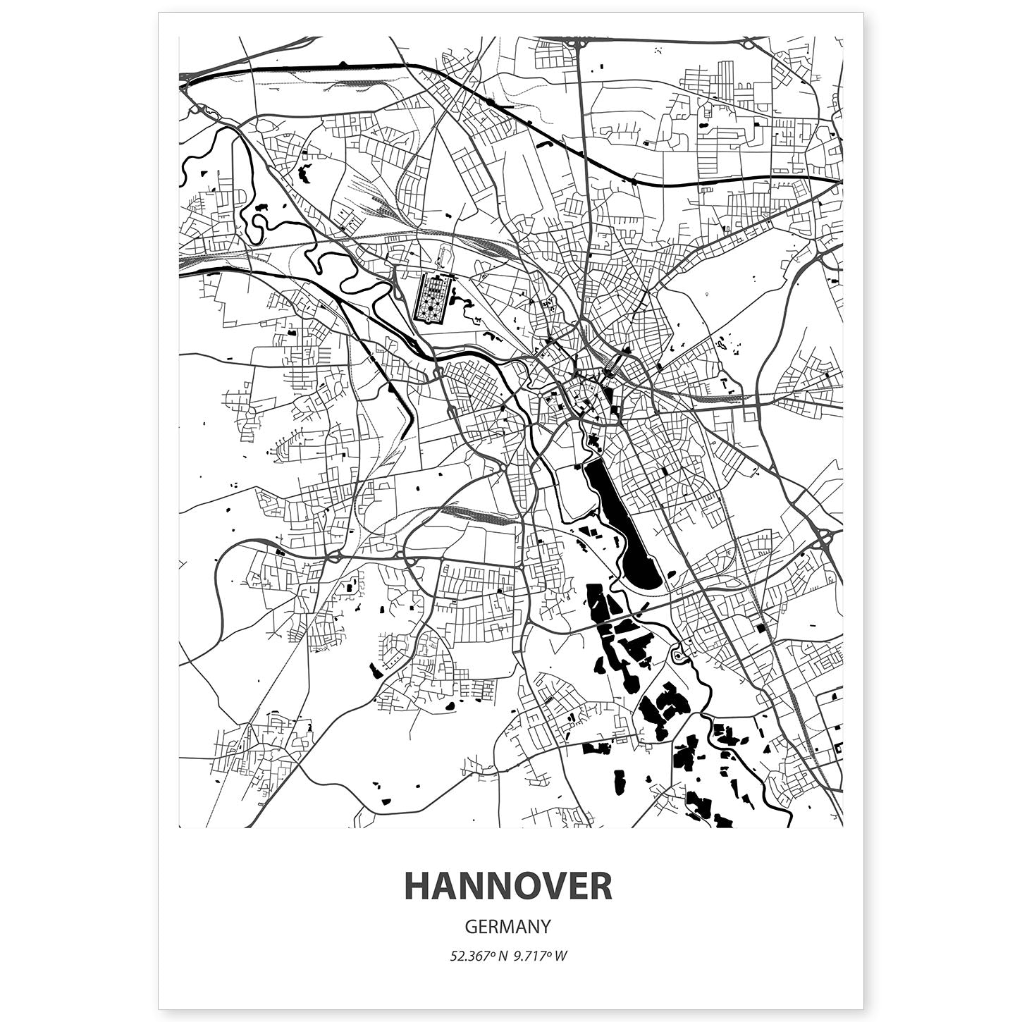 Poster con mapa de Hannover - Alemania. Láminas de ciudades de Alemania con mares y ríos en color negro.-Artwork-Nacnic-A4-Sin marco-Nacnic Estudio SL