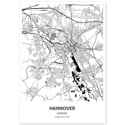 Poster con mapa de Hannover - Alemania. Láminas de ciudades de Alemania con mares y ríos en color negro.-Artwork-Nacnic-A4-Sin marco-Nacnic Estudio SL