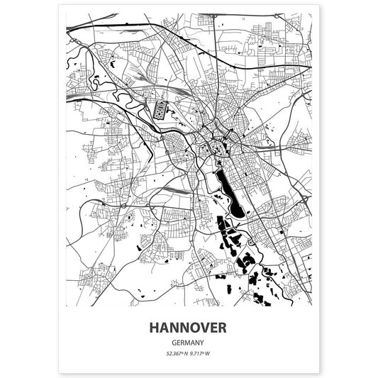 Poster con mapa de Hannover - Alemania. Láminas de ciudades de Alemania con mares y ríos en color negro.-Artwork-Nacnic-A4-Sin marco-Nacnic Estudio SL