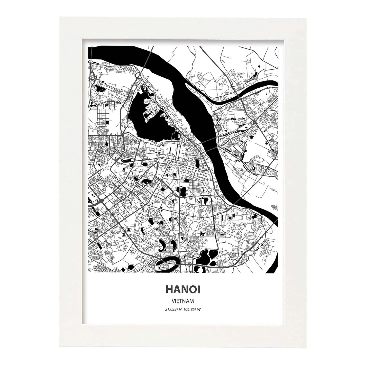 Poster con mapa de Hanoi - Vietnam. Láminas de ciudades de Asia con mares y ríos en color negro.-Artwork-Nacnic-A3-Marco Blanco-Nacnic Estudio SL
