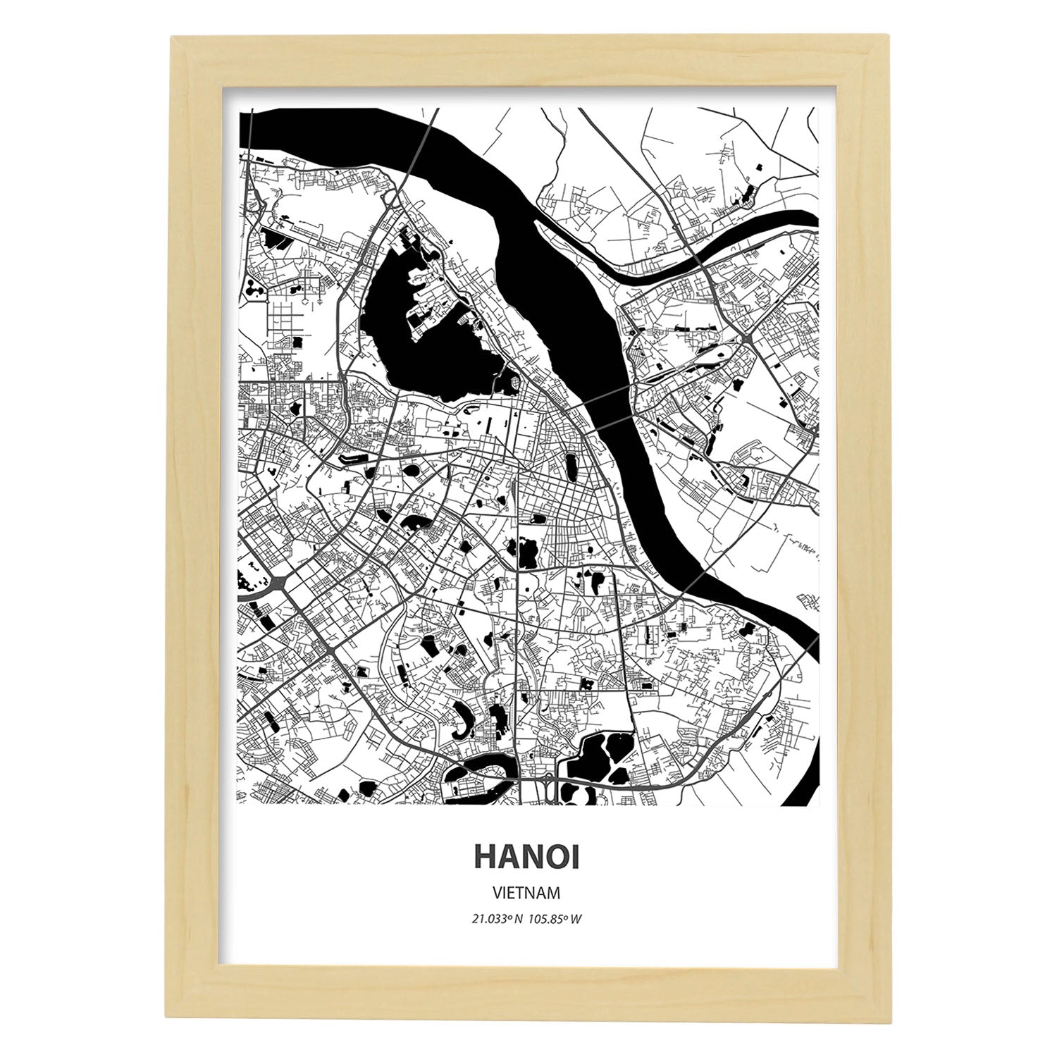 Poster con mapa de Hanoi - Vietnam. Láminas de ciudades de Asia con mares y ríos en color negro.-Artwork-Nacnic-A3-Marco Madera clara-Nacnic Estudio SL