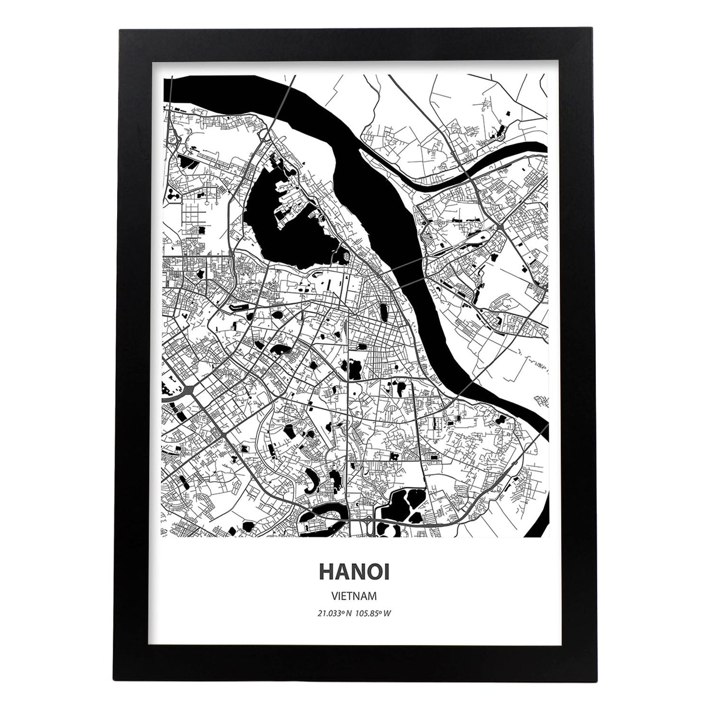 Poster con mapa de Hanoi - Vietnam. Láminas de ciudades de Asia con mares y ríos en color negro.-Artwork-Nacnic-A3-Marco Negro-Nacnic Estudio SL
