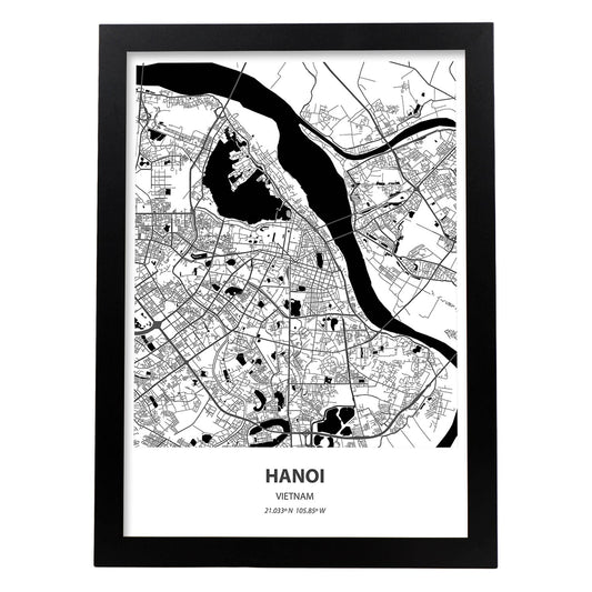 Poster con mapa de Hanoi - Vietnam. Láminas de ciudades de Asia con mares y ríos en color negro.-Artwork-Nacnic-A4-Marco Negro-Nacnic Estudio SL