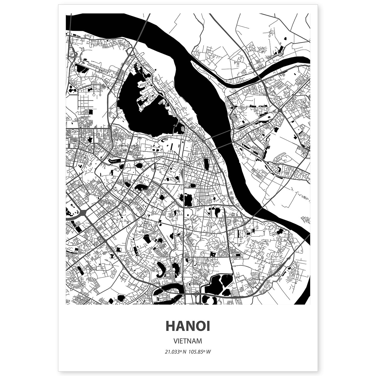 Poster con mapa de Hanoi - Vietnam. Láminas de ciudades de Asia con mares y ríos en color negro.-Artwork-Nacnic-A4-Sin marco-Nacnic Estudio SL