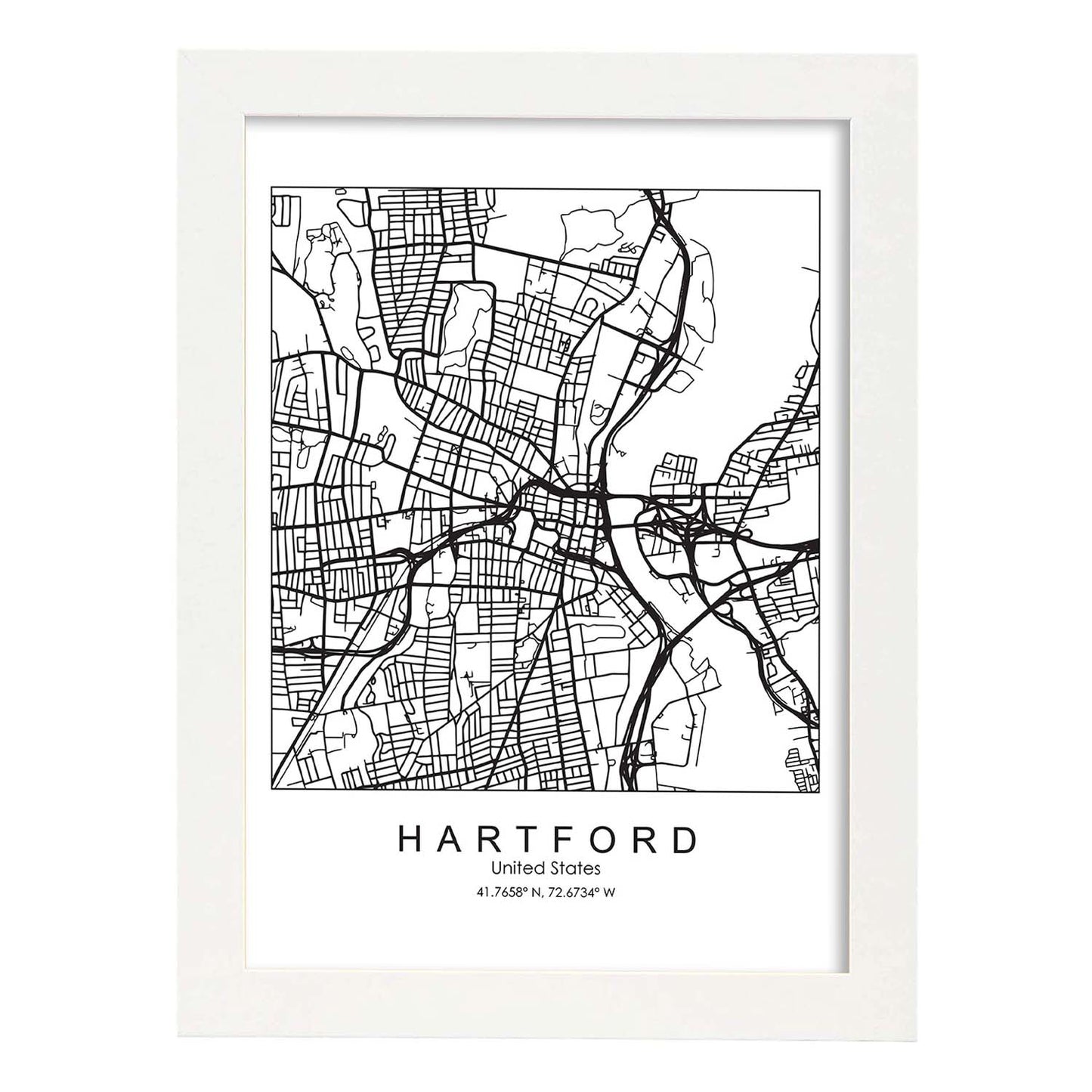 Poster con mapa de Hartford. Lámina de Estados Unidos, con imágenes de mapas y carreteras-Artwork-Nacnic-A3-Marco Blanco-Nacnic Estudio SL