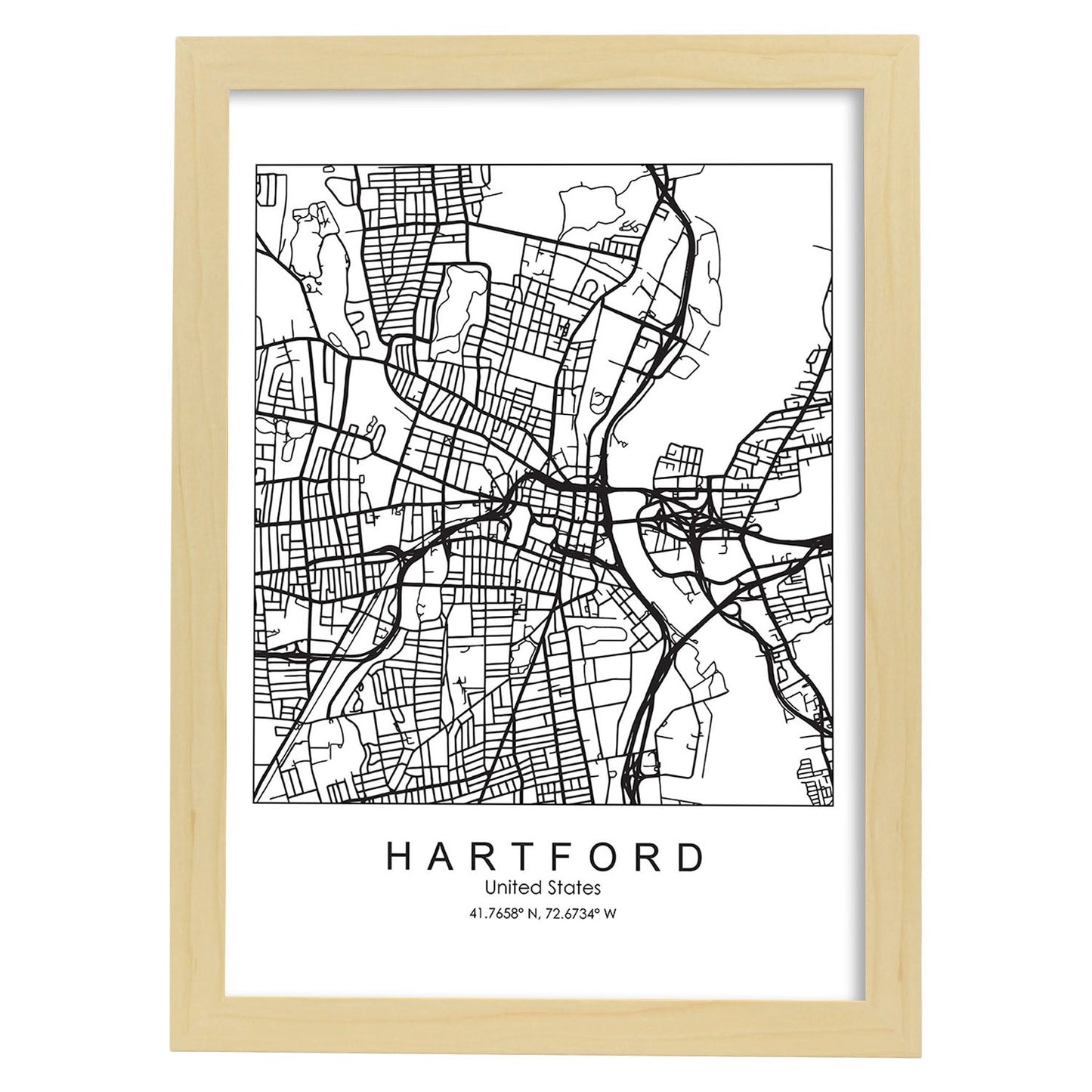 Poster con mapa de Hartford. Lámina de Estados Unidos, con imágenes de mapas y carreteras-Artwork-Nacnic-A3-Marco Madera clara-Nacnic Estudio SL