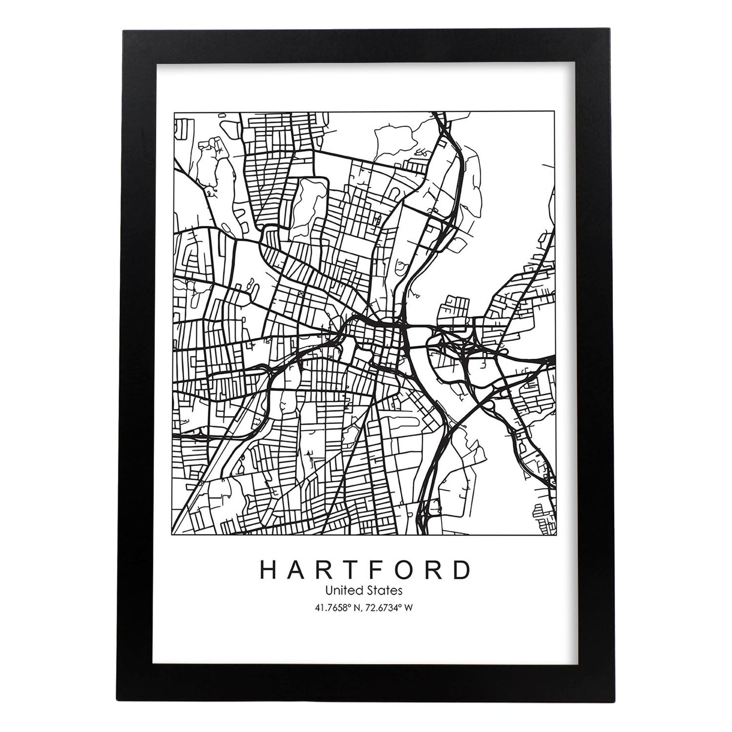 Poster con mapa de Hartford. Lámina de Estados Unidos, con imágenes de mapas y carreteras-Artwork-Nacnic-A3-Marco Negro-Nacnic Estudio SL