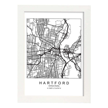 Poster con mapa de Hartford. Lámina de Estados Unidos, con imágenes de mapas y carreteras-Artwork-Nacnic-A4-Marco Blanco-Nacnic Estudio SL