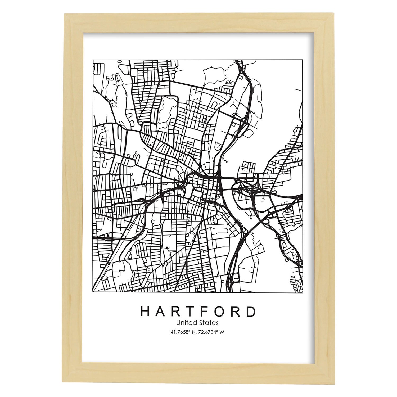 Poster con mapa de Hartford. Lámina de Estados Unidos, con imágenes de mapas y carreteras-Artwork-Nacnic-A4-Marco Madera clara-Nacnic Estudio SL