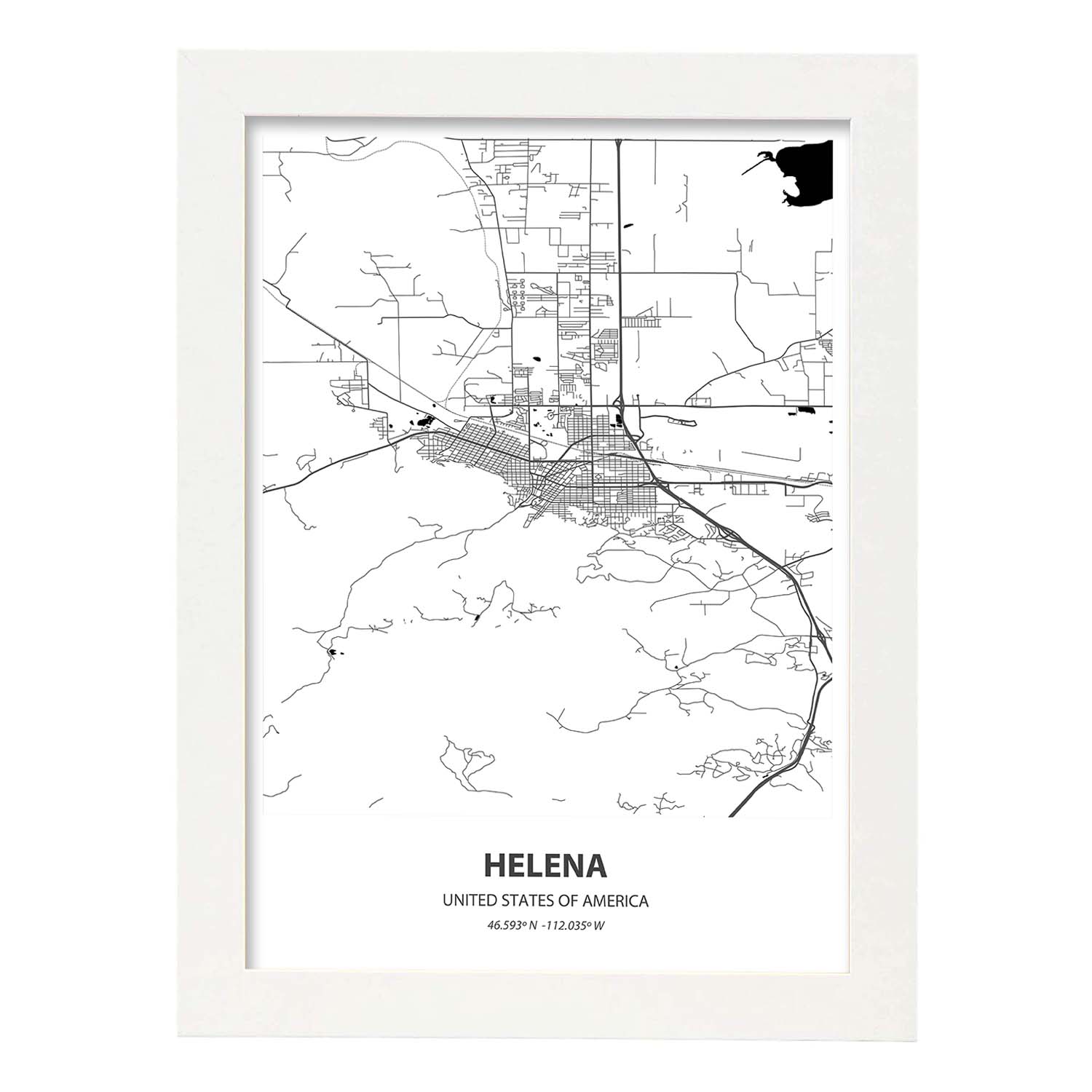 Poster con mapa de Helena - USA. Láminas de ciudades de Estados Unidos con mares y ríos en color negro.-Artwork-Nacnic-A3-Marco Blanco-Nacnic Estudio SL