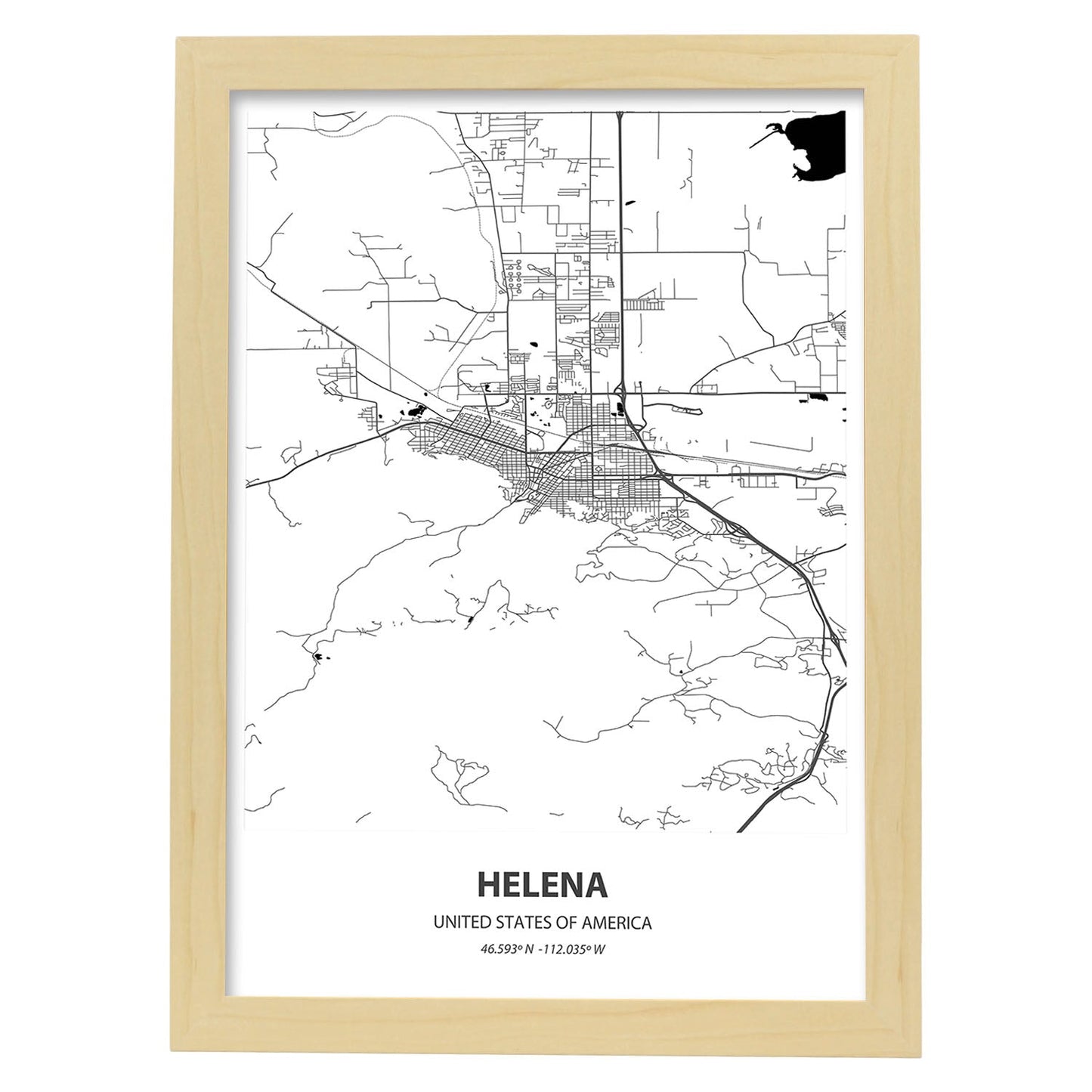 Poster con mapa de Helena - USA. Láminas de ciudades de Estados Unidos con mares y ríos en color negro.-Artwork-Nacnic-A3-Marco Madera clara-Nacnic Estudio SL
