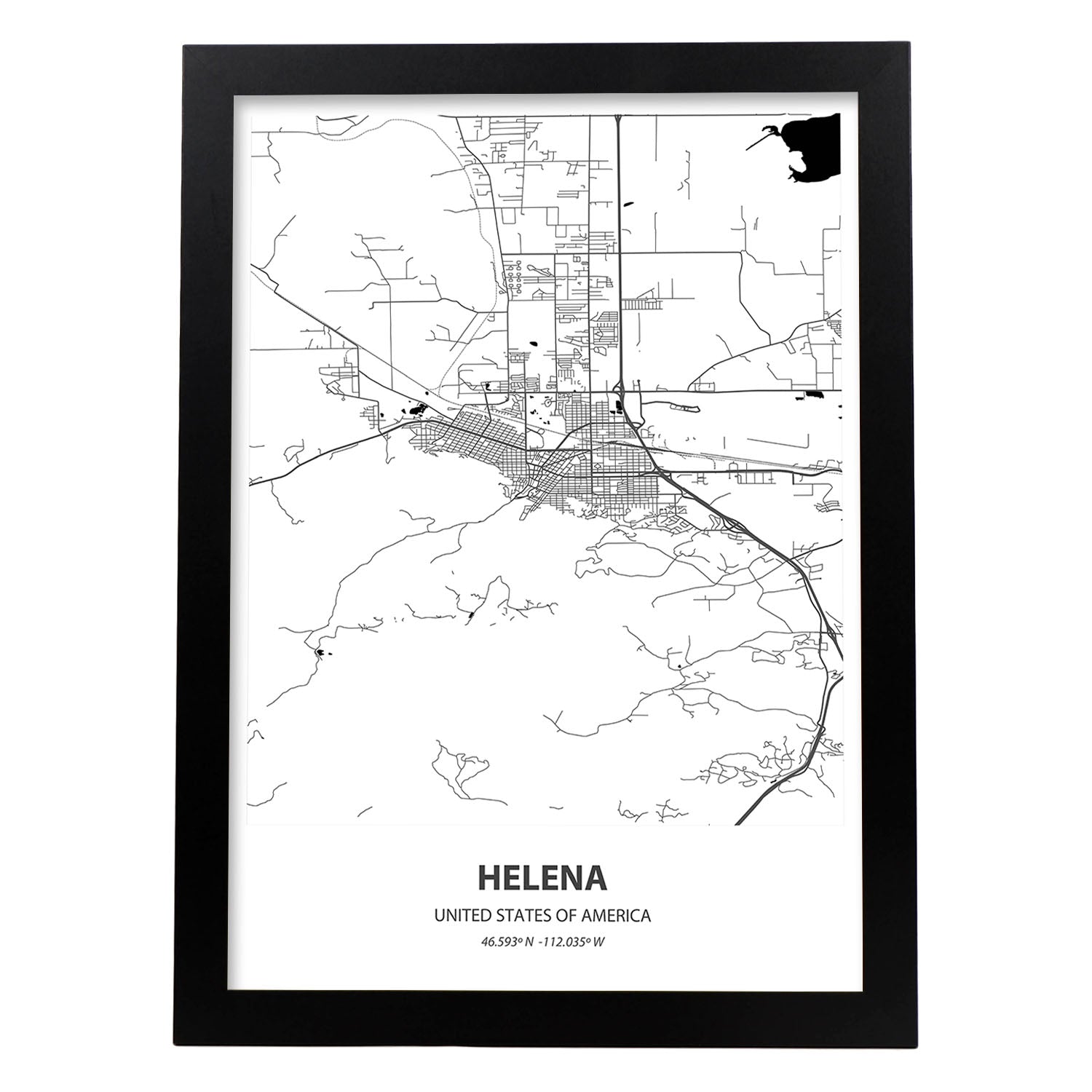 Poster con mapa de Helena - USA. Láminas de ciudades de Estados Unidos con mares y ríos en color negro.-Artwork-Nacnic-A3-Marco Negro-Nacnic Estudio SL