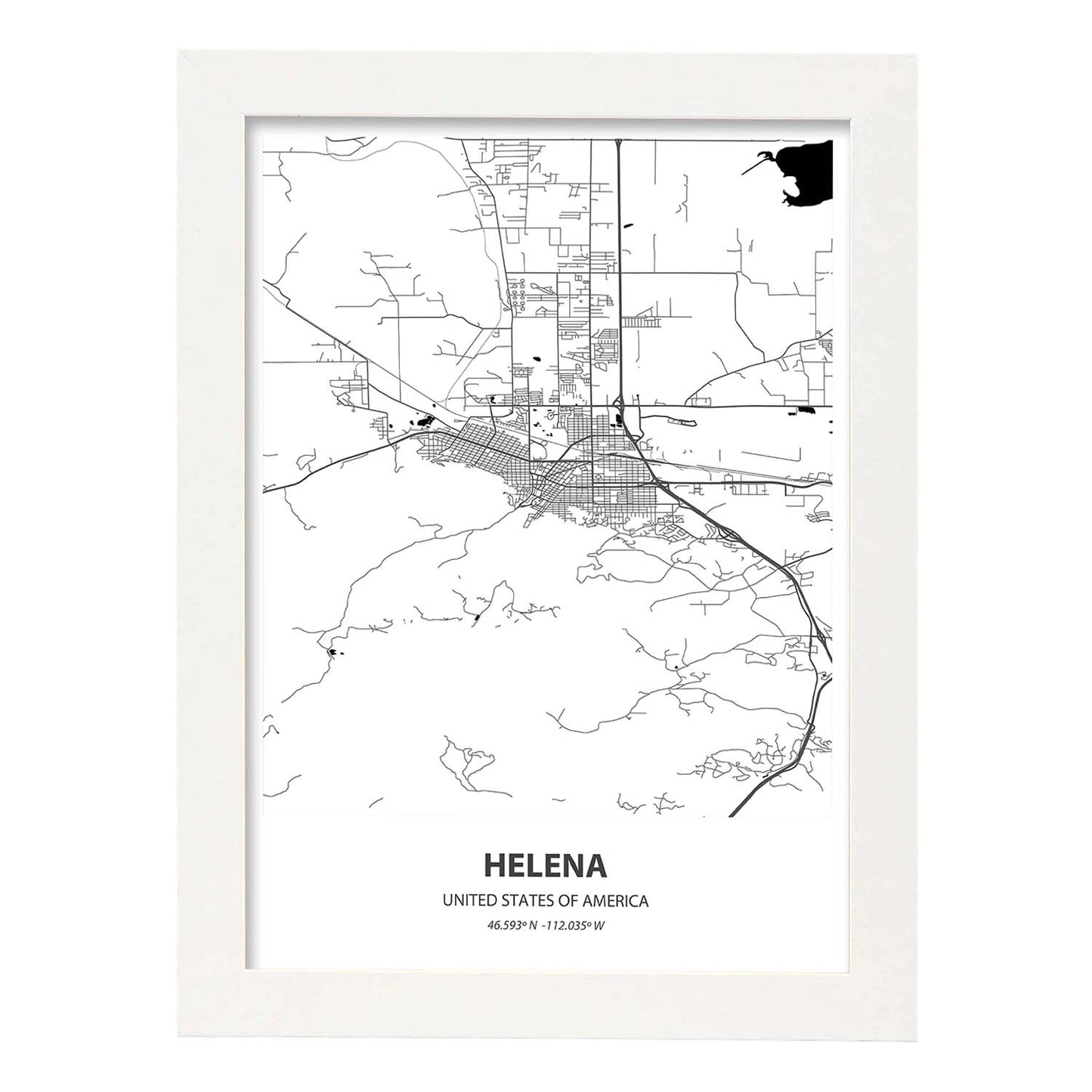 Poster con mapa de Helena - USA. Láminas de ciudades de Estados Unidos con mares y ríos en color negro.-Artwork-Nacnic-A4-Marco Blanco-Nacnic Estudio SL