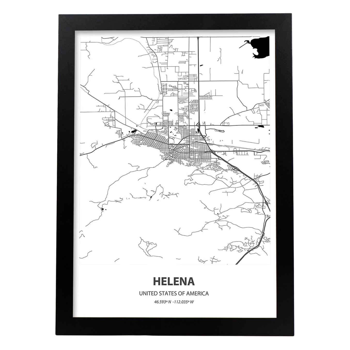 Poster con mapa de Helena - USA. Láminas de ciudades de Estados Unidos con mares y ríos en color negro.-Artwork-Nacnic-A4-Marco Negro-Nacnic Estudio SL