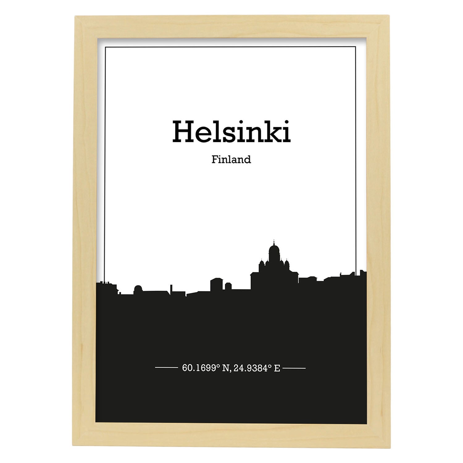 Poster con mapa de Helsinki - Finlandia. Láminas con Skyline de ciudades del norte de Europa con sombra negra.-Artwork-Nacnic-A3-Marco Madera clara-Nacnic Estudio SL