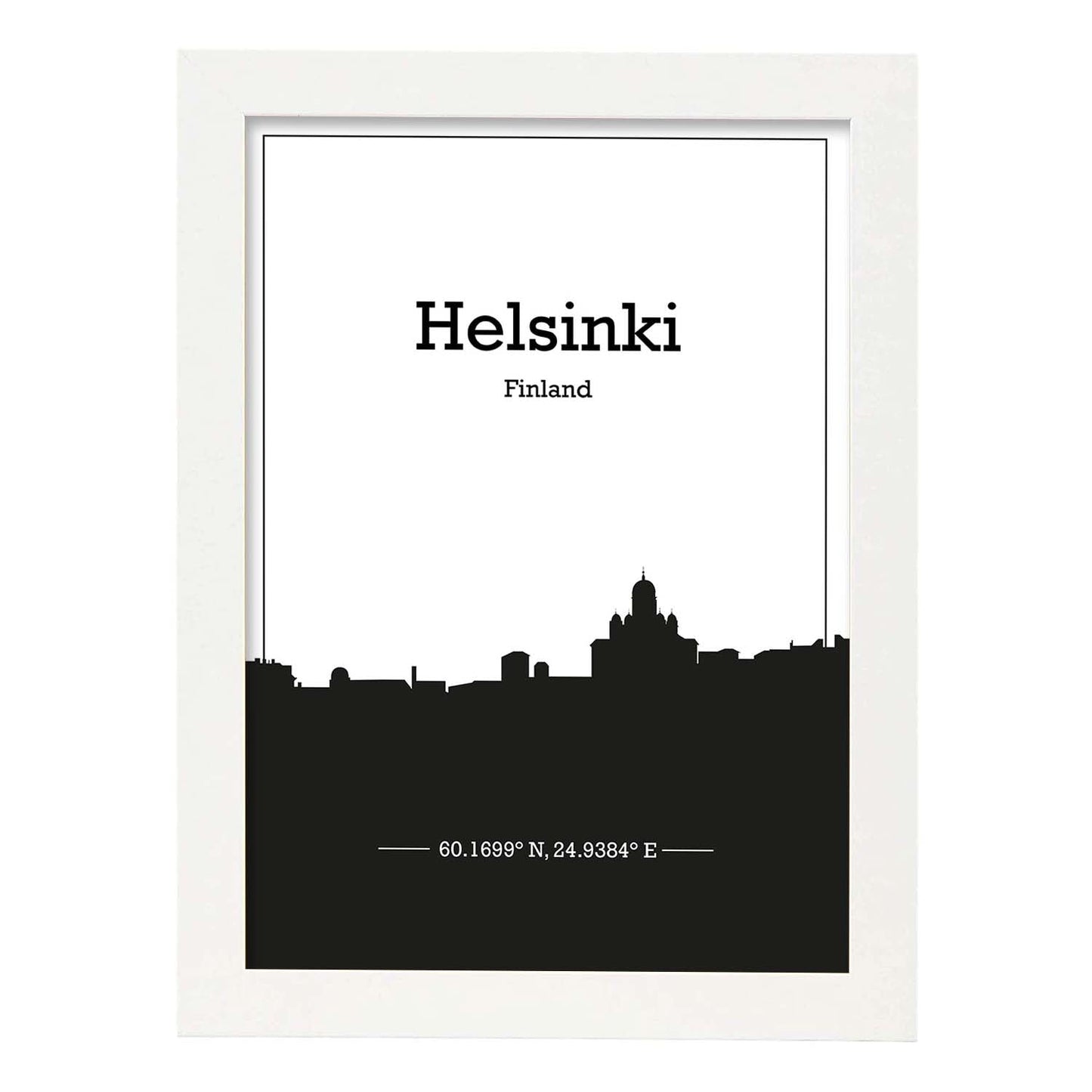 Poster con mapa de Helsinki - Finlandia. Láminas con Skyline de ciudades del norte de Europa con sombra negra.-Artwork-Nacnic-A4-Marco Blanco-Nacnic Estudio SL