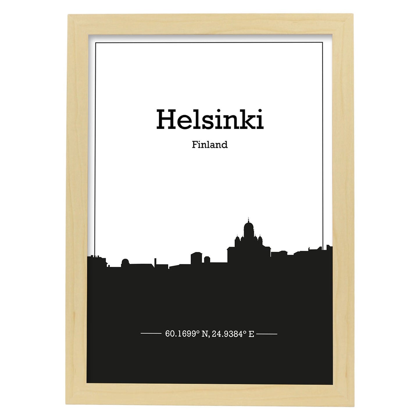 Poster con mapa de Helsinki - Finlandia. Láminas con Skyline de ciudades del norte de Europa con sombra negra.-Artwork-Nacnic-A4-Marco Madera clara-Nacnic Estudio SL