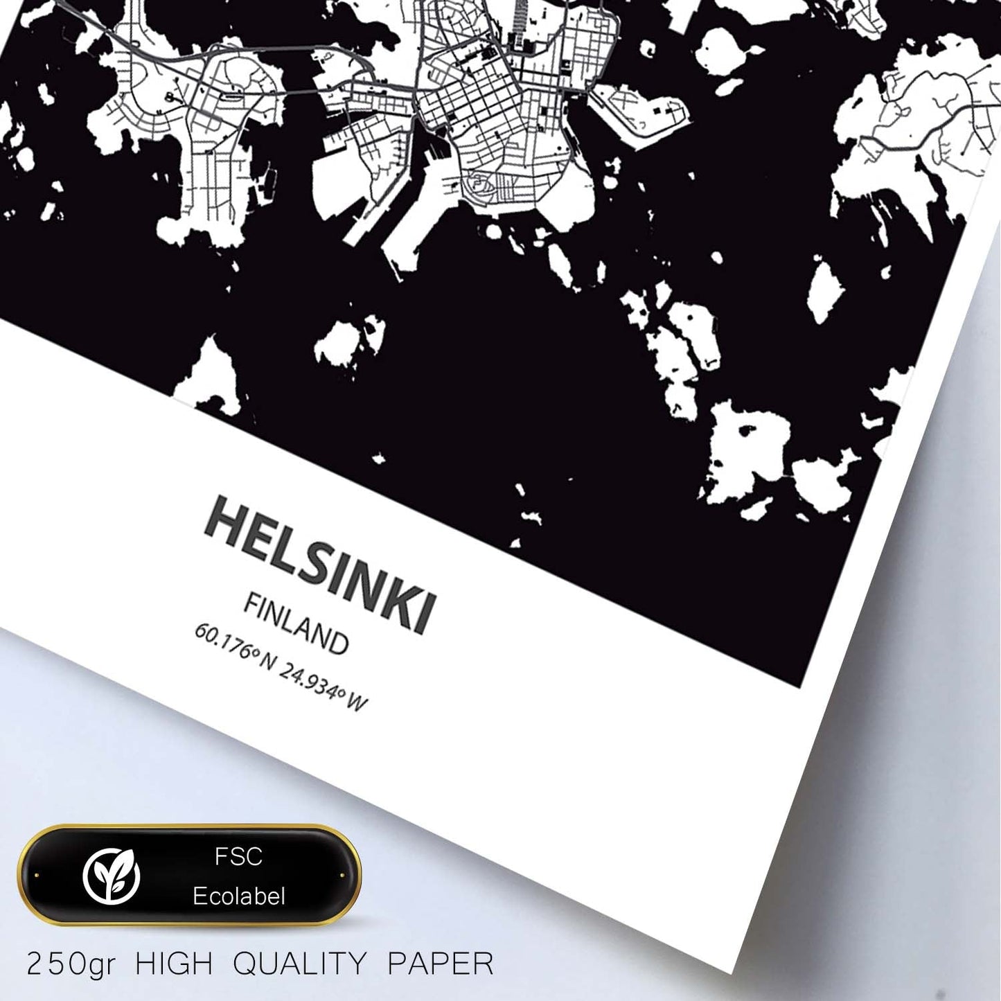 Poster con mapa de Helsinki - Finlandia. Láminas de ciudades del norte de Europa con mares y ríos en color negro.-Artwork-Nacnic-Nacnic Estudio SL