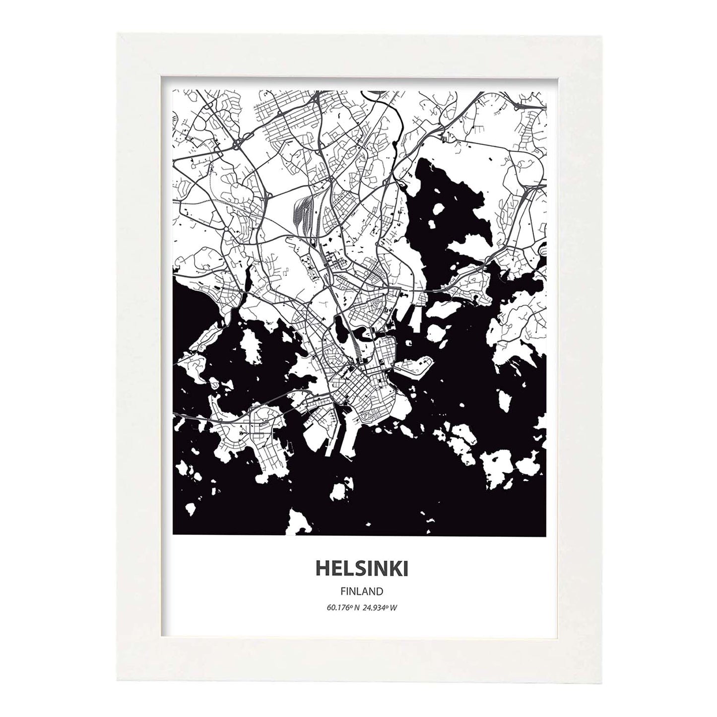 Poster con mapa de Helsinki - Finlandia. Láminas de ciudades del norte de Europa con mares y ríos en color negro.-Artwork-Nacnic-A3-Marco Blanco-Nacnic Estudio SL