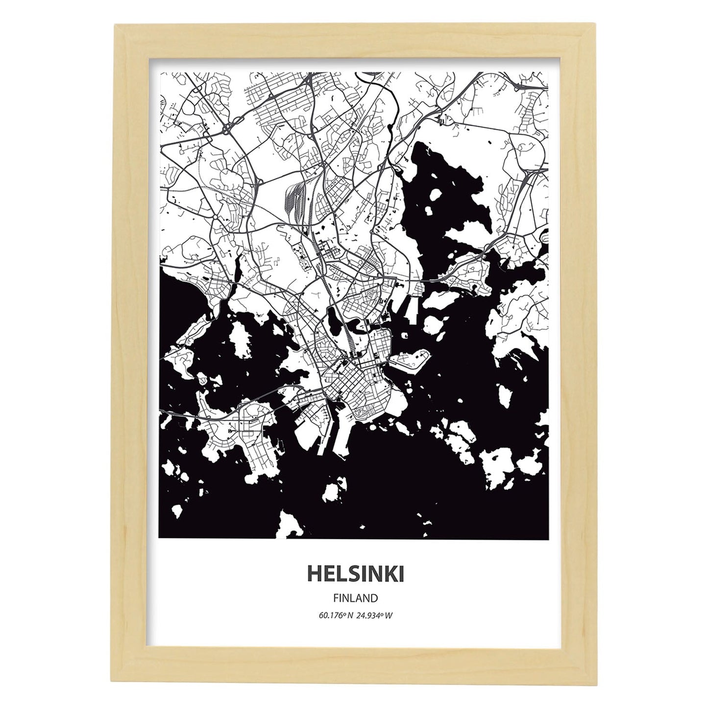 Poster con mapa de Helsinki - Finlandia. Láminas de ciudades del norte de Europa con mares y ríos en color negro.-Artwork-Nacnic-A3-Marco Madera clara-Nacnic Estudio SL