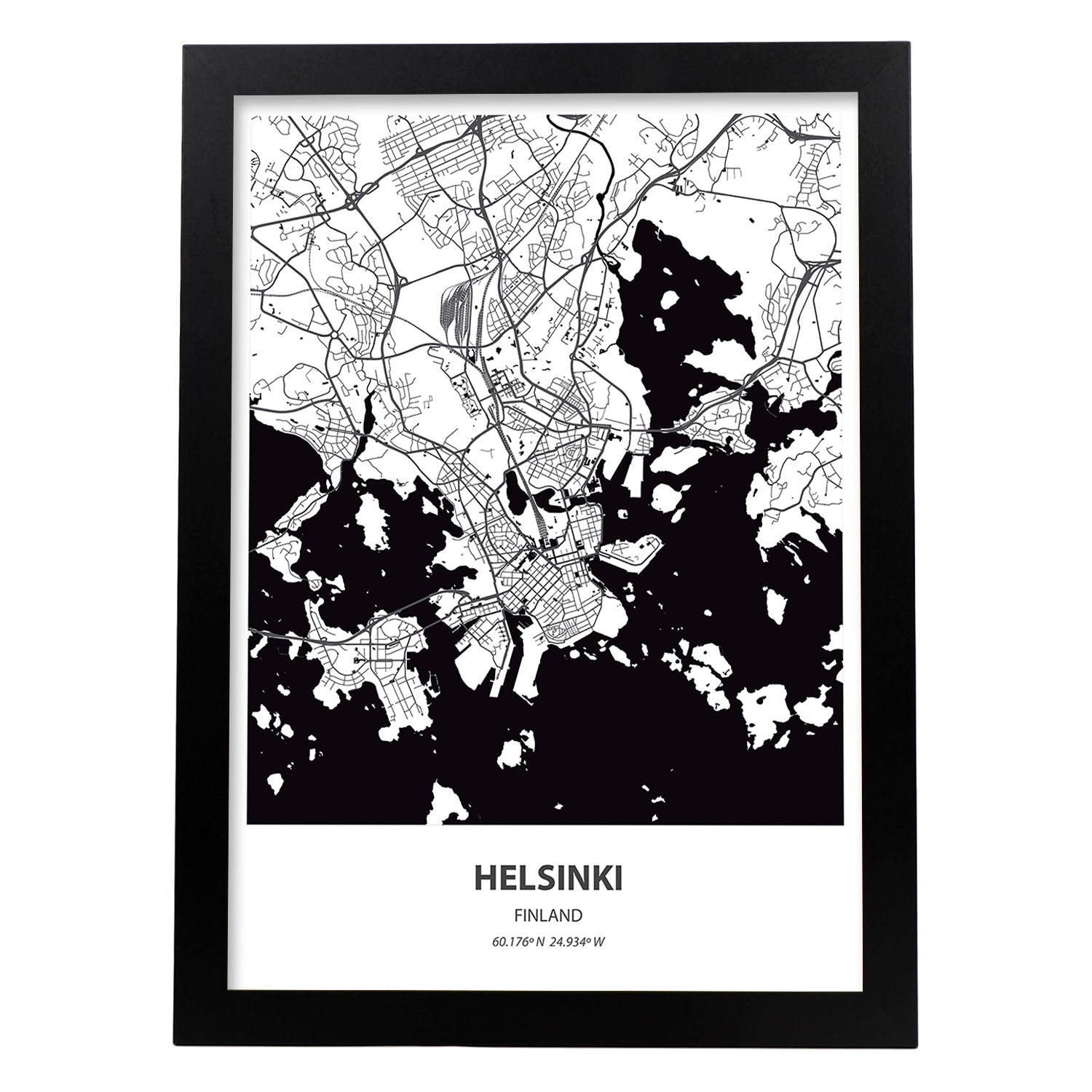 Poster con mapa de Helsinki - Finlandia. Láminas de ciudades del norte de Europa con mares y ríos en color negro.-Artwork-Nacnic-A3-Marco Negro-Nacnic Estudio SL