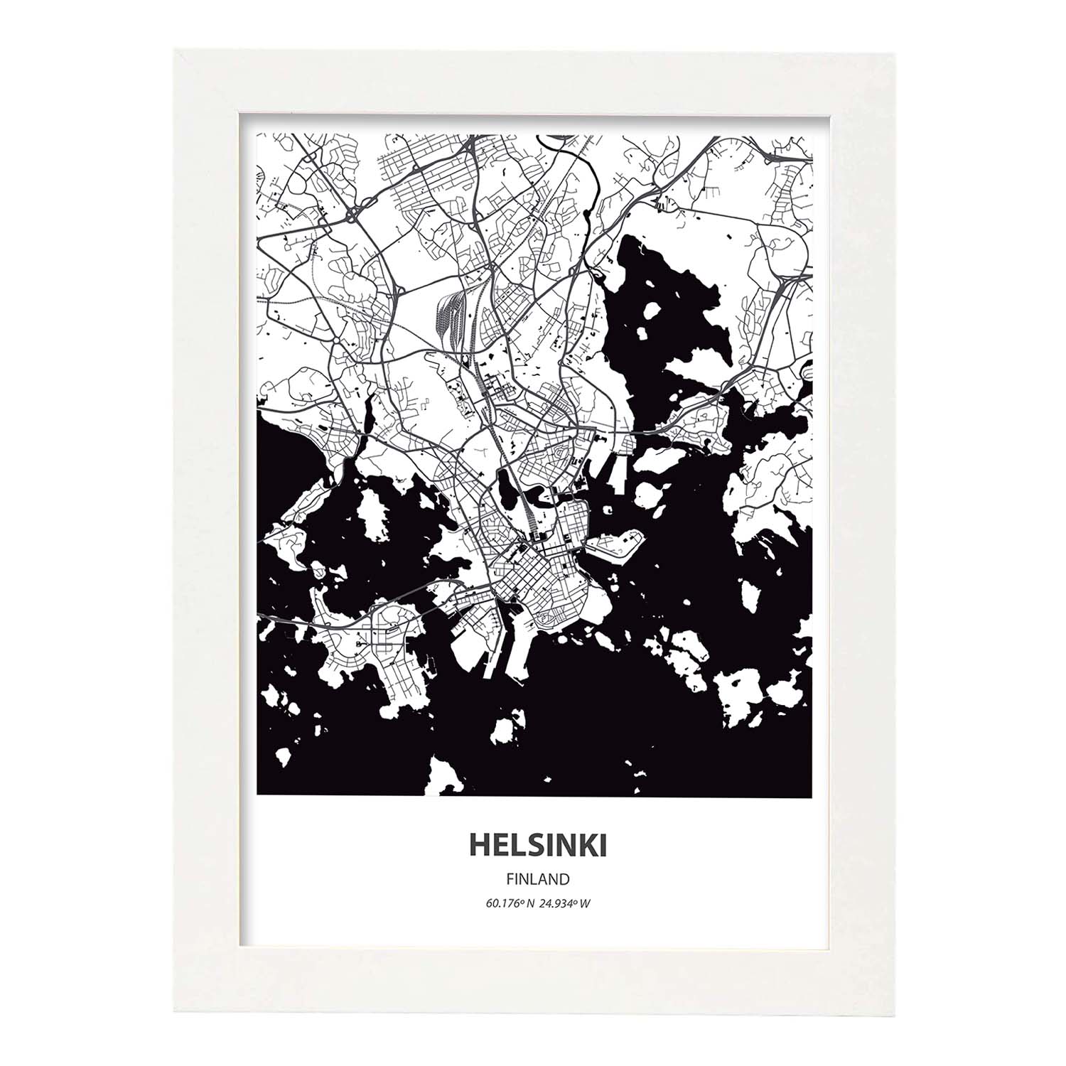 Poster con mapa de Helsinki - Finlandia. Láminas de ciudades del norte de Europa con mares y ríos en color negro.-Artwork-Nacnic-A4-Marco Blanco-Nacnic Estudio SL