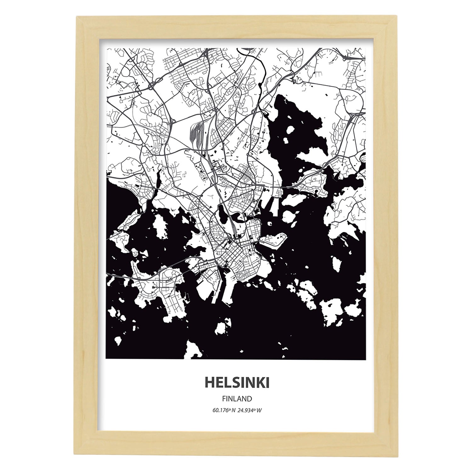 Poster con mapa de Helsinki - Finlandia. Láminas de ciudades del norte de Europa con mares y ríos en color negro.-Artwork-Nacnic-A4-Marco Madera clara-Nacnic Estudio SL