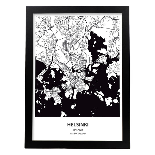 Poster con mapa de Helsinki - Finlandia. Láminas de ciudades del norte de Europa con mares y ríos en color negro.-Artwork-Nacnic-A4-Marco Negro-Nacnic Estudio SL