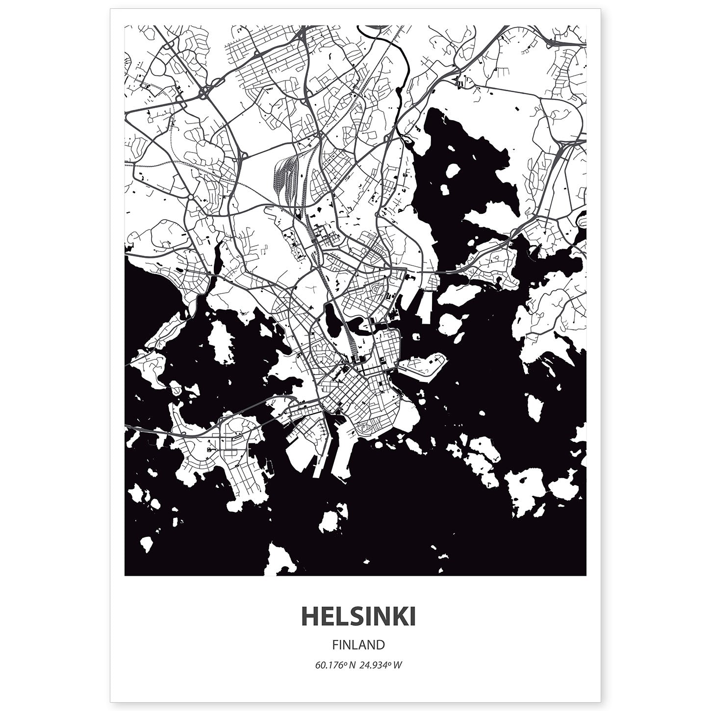 Poster con mapa de Helsinki - Finlandia. Láminas de ciudades del norte de Europa con mares y ríos en color negro.-Artwork-Nacnic-A4-Sin marco-Nacnic Estudio SL