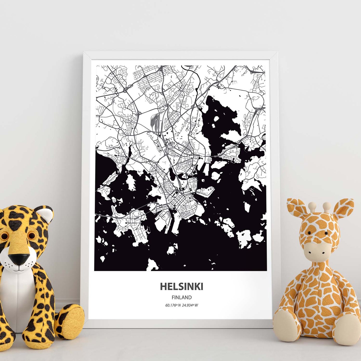 Poster con mapa de Helsinki - Finlandia. Láminas de ciudades del norte de Europa con mares y ríos en color negro.-Artwork-Nacnic-Nacnic Estudio SL