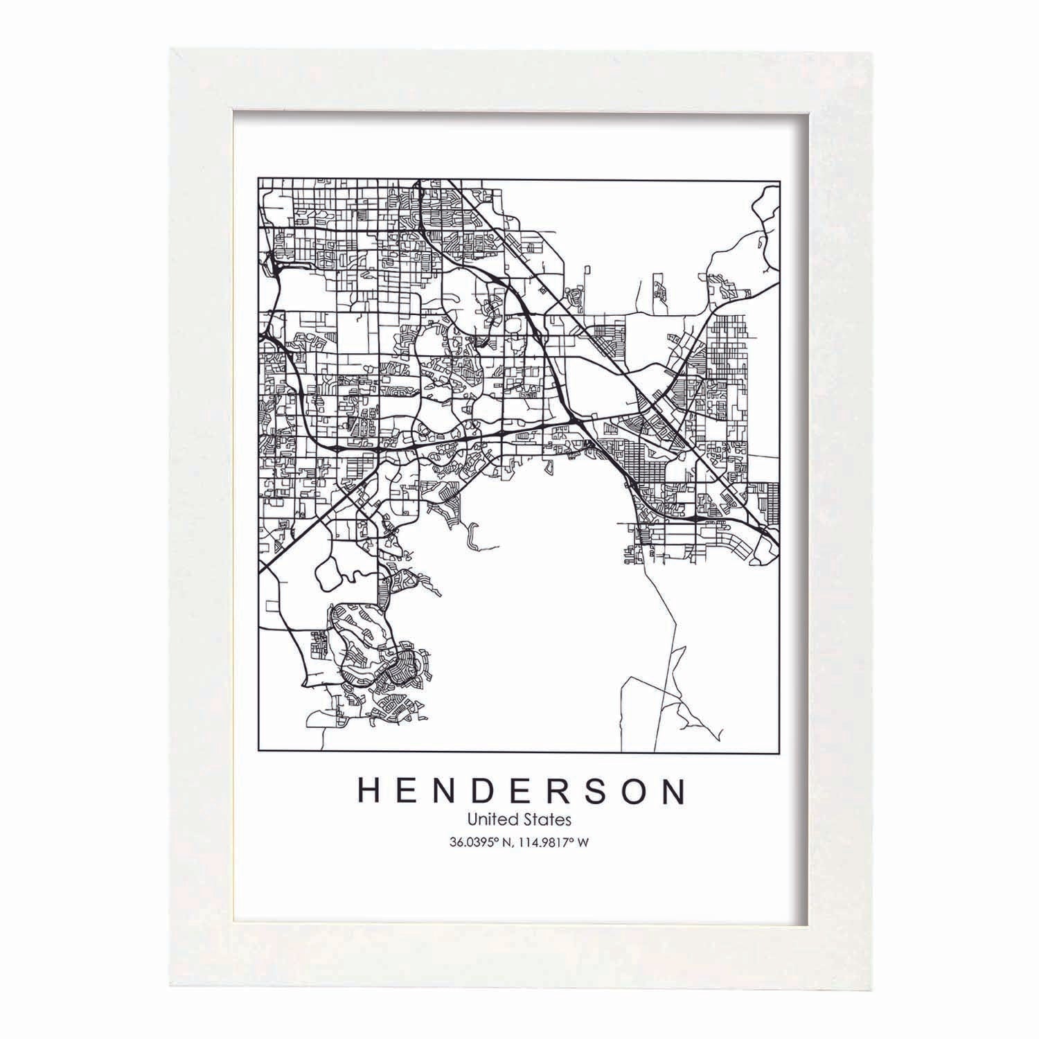Poster con mapa de Henderson. Lámina de Estados Unidos, con imágenes de mapas y carreteras-Artwork-Nacnic-A3-Marco Blanco-Nacnic Estudio SL