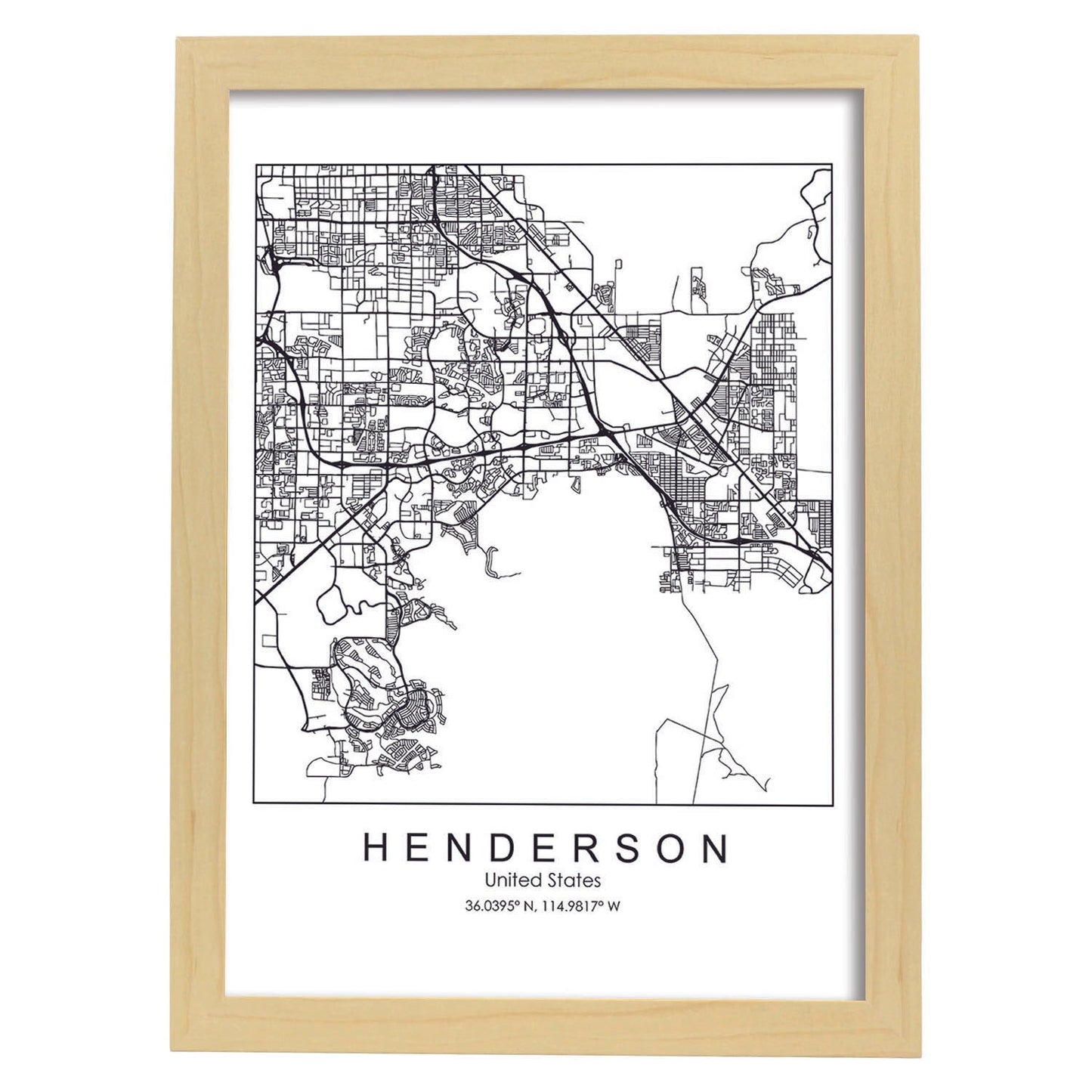 Poster con mapa de Henderson. Lámina de Estados Unidos, con imágenes de mapas y carreteras-Artwork-Nacnic-A3-Marco Madera clara-Nacnic Estudio SL
