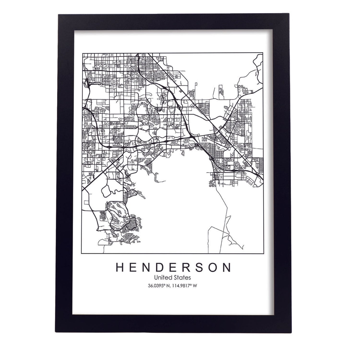Poster con mapa de Henderson. Lámina de Estados Unidos, con imágenes de mapas y carreteras-Artwork-Nacnic-A3-Marco Negro-Nacnic Estudio SL