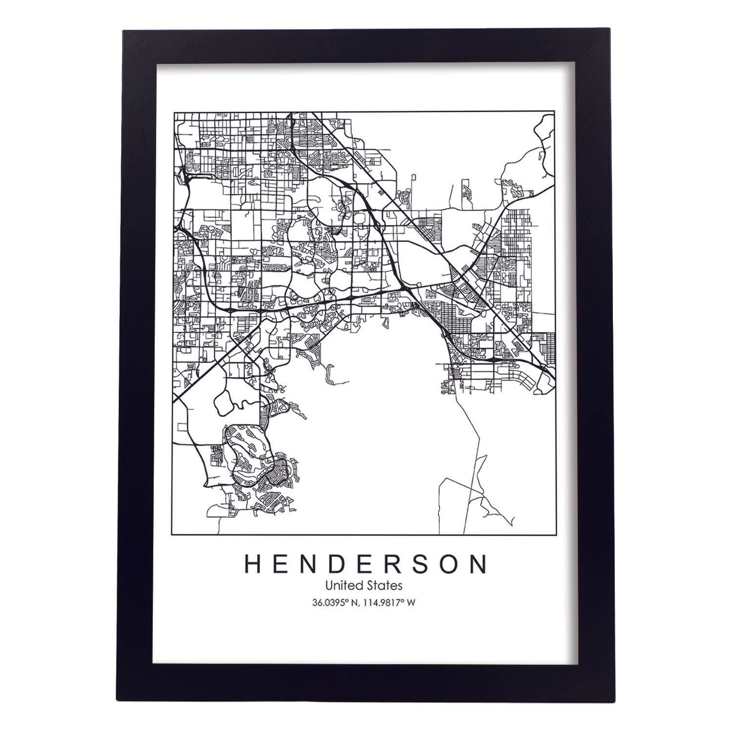 Poster con mapa de Henderson. Lámina de Estados Unidos, con imágenes de mapas y carreteras-Artwork-Nacnic-A4-Marco Negro-Nacnic Estudio SL