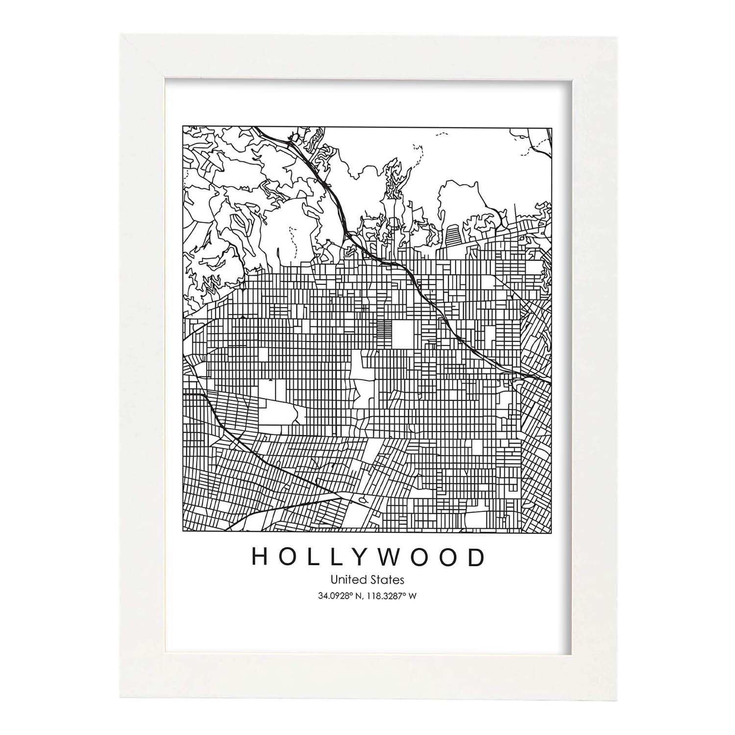 Poster con mapa de Hollywood. Lámina de Estados Unidos, con imágenes de mapas y carreteras-Artwork-Nacnic-A3-Marco Blanco-Nacnic Estudio SL