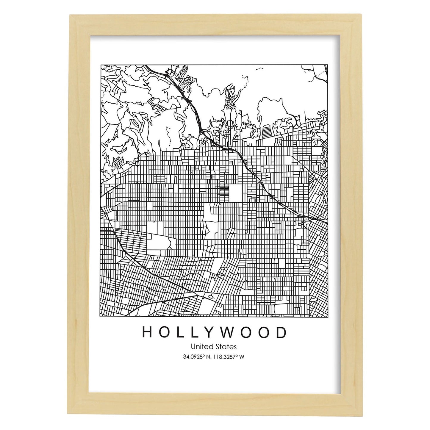 Poster con mapa de Hollywood. Lámina de Estados Unidos, con imágenes de mapas y carreteras-Artwork-Nacnic-A3-Marco Madera clara-Nacnic Estudio SL