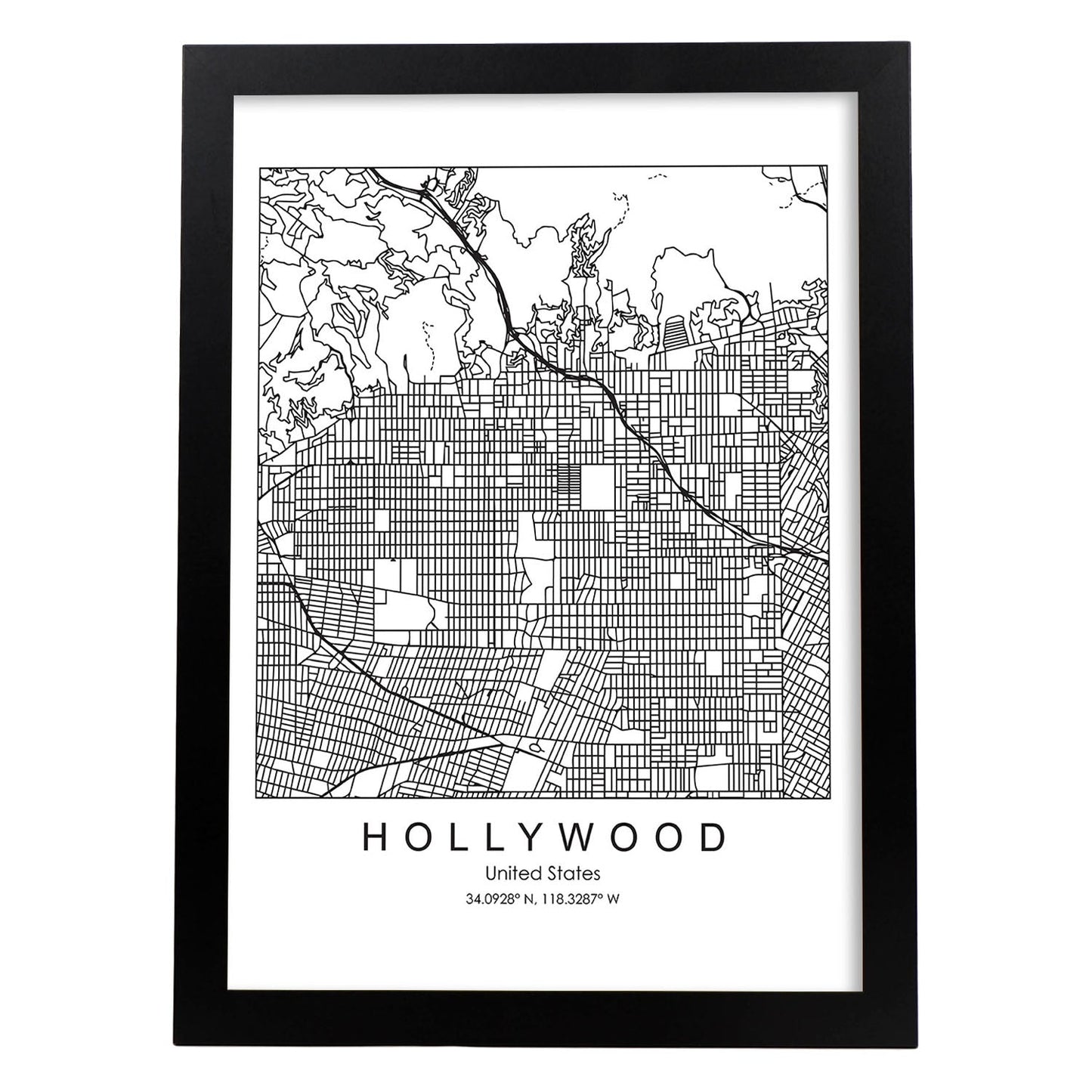 Poster con mapa de Hollywood. Lámina de Estados Unidos, con imágenes de mapas y carreteras-Artwork-Nacnic-A3-Marco Negro-Nacnic Estudio SL