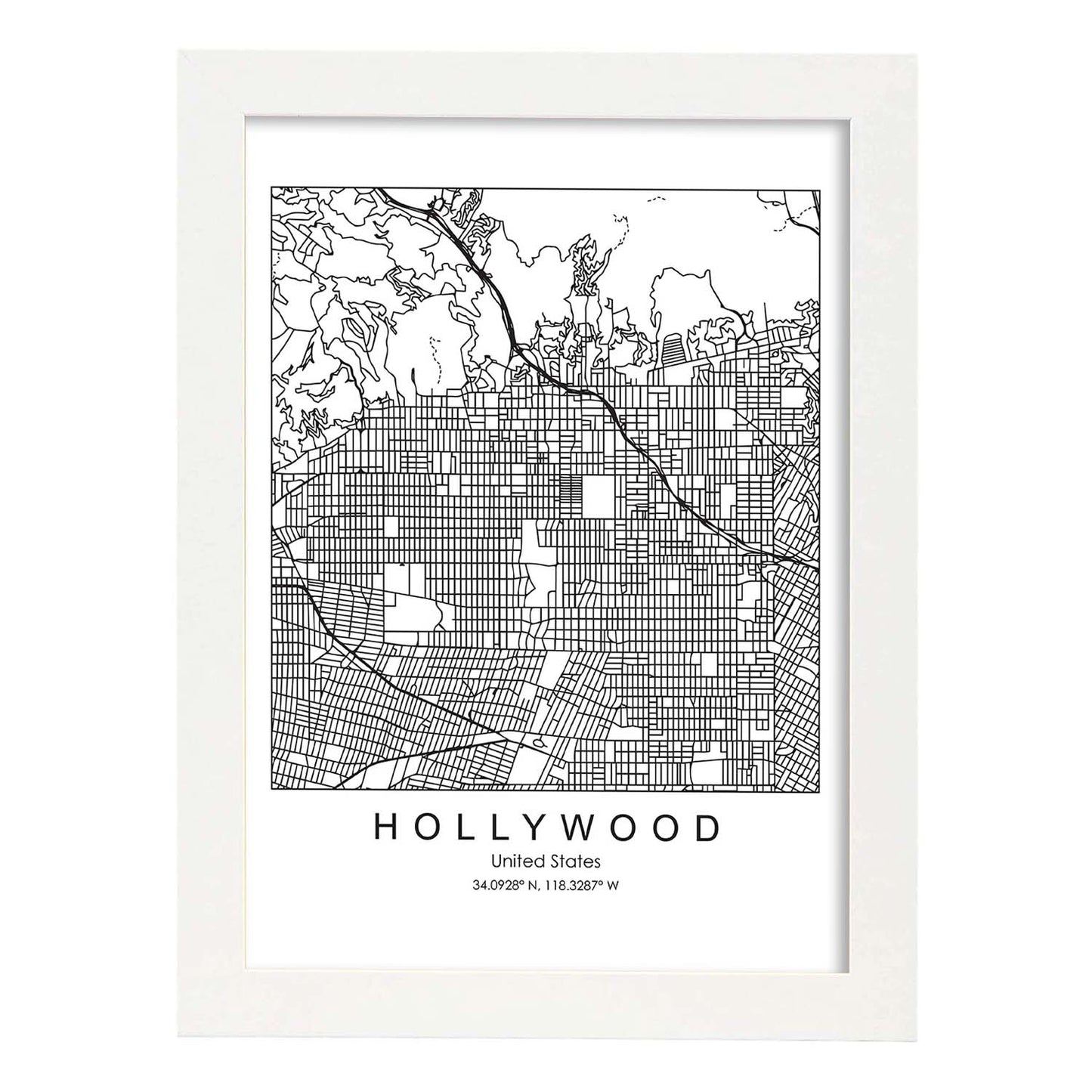 Poster con mapa de Hollywood. Lámina de Estados Unidos, con imágenes de mapas y carreteras-Artwork-Nacnic-A4-Marco Blanco-Nacnic Estudio SL