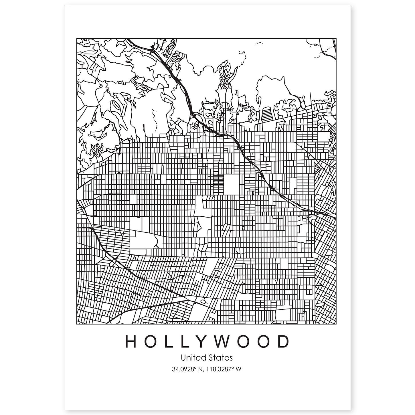 Poster con mapa de Hollywood. Lámina de Estados Unidos, con imágenes de mapas y carreteras-Artwork-Nacnic-A4-Sin marco-Nacnic Estudio SL