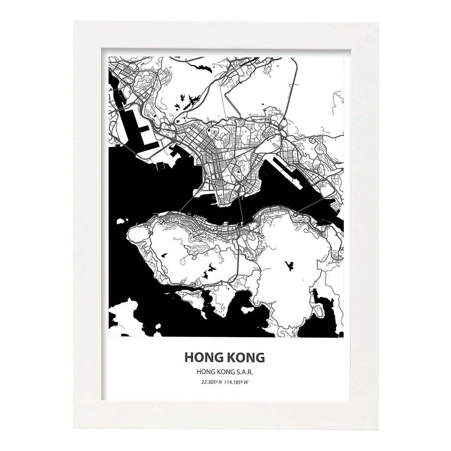 Poster con mapa de Hong Kong - Hong Kong. Láminas de ciudades de Asia con mares y ríos en color negro.-Artwork-Nacnic-A3-Marco Blanco-Nacnic Estudio SL