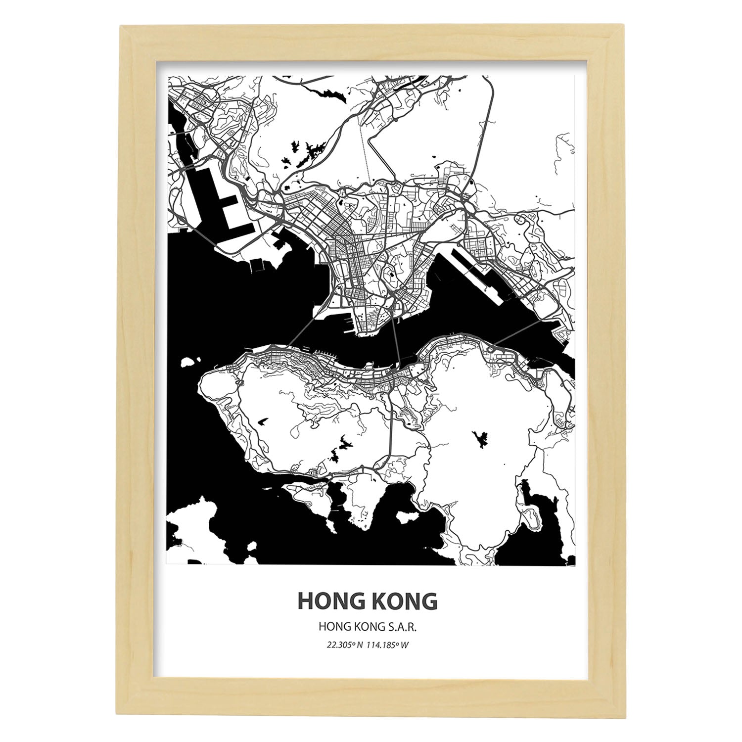 Poster con mapa de Hong Kong - Hong Kong. Láminas de ciudades de Asia con mares y ríos en color negro.-Artwork-Nacnic-A3-Marco Madera clara-Nacnic Estudio SL