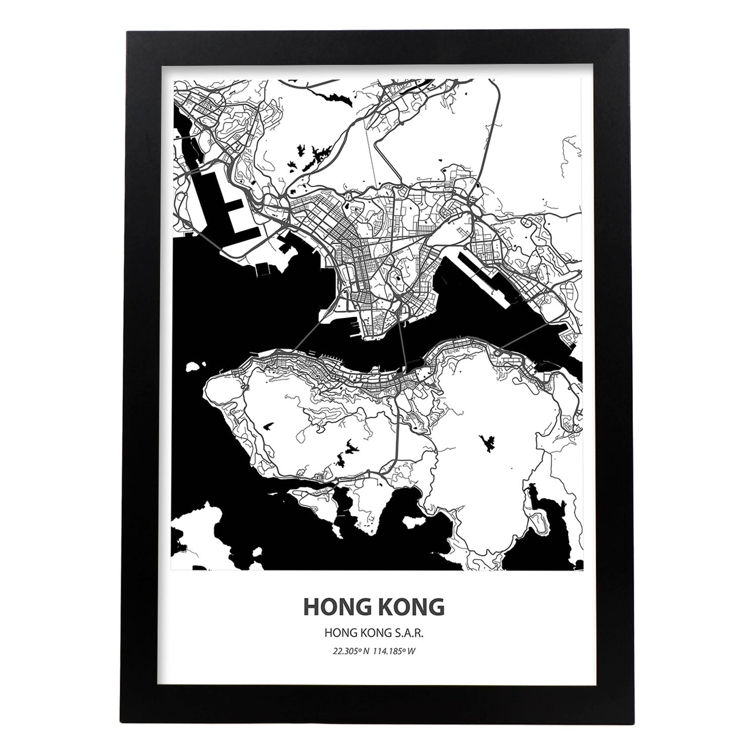 Poster con mapa de Hong Kong - Hong Kong. Láminas de ciudades de Asia con mares y ríos en color negro.-Artwork-Nacnic-A3-Marco Negro-Nacnic Estudio SL